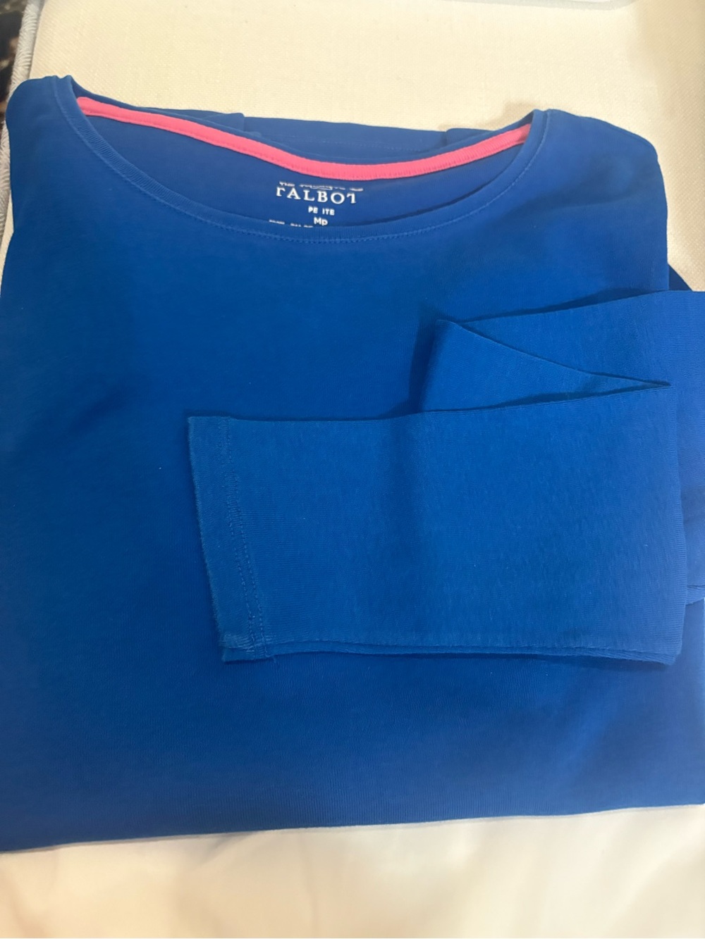 Two Talbots petite long sleeves cotton tee shirts. Bright blue and navy.